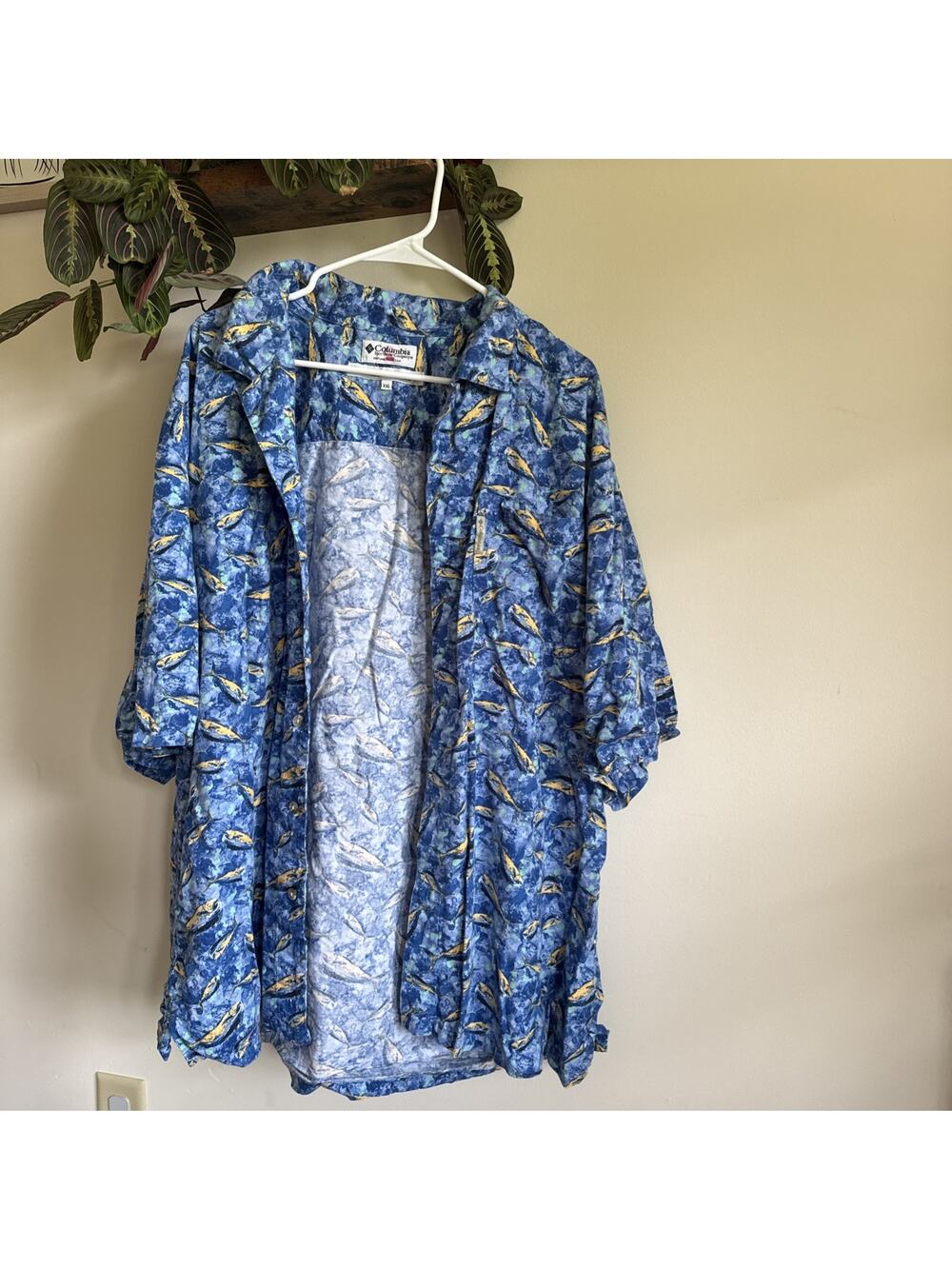 Vintage Columbia Shirt Men 2XL Blue All Over Graphic Short Sleeve Viscose Cotton